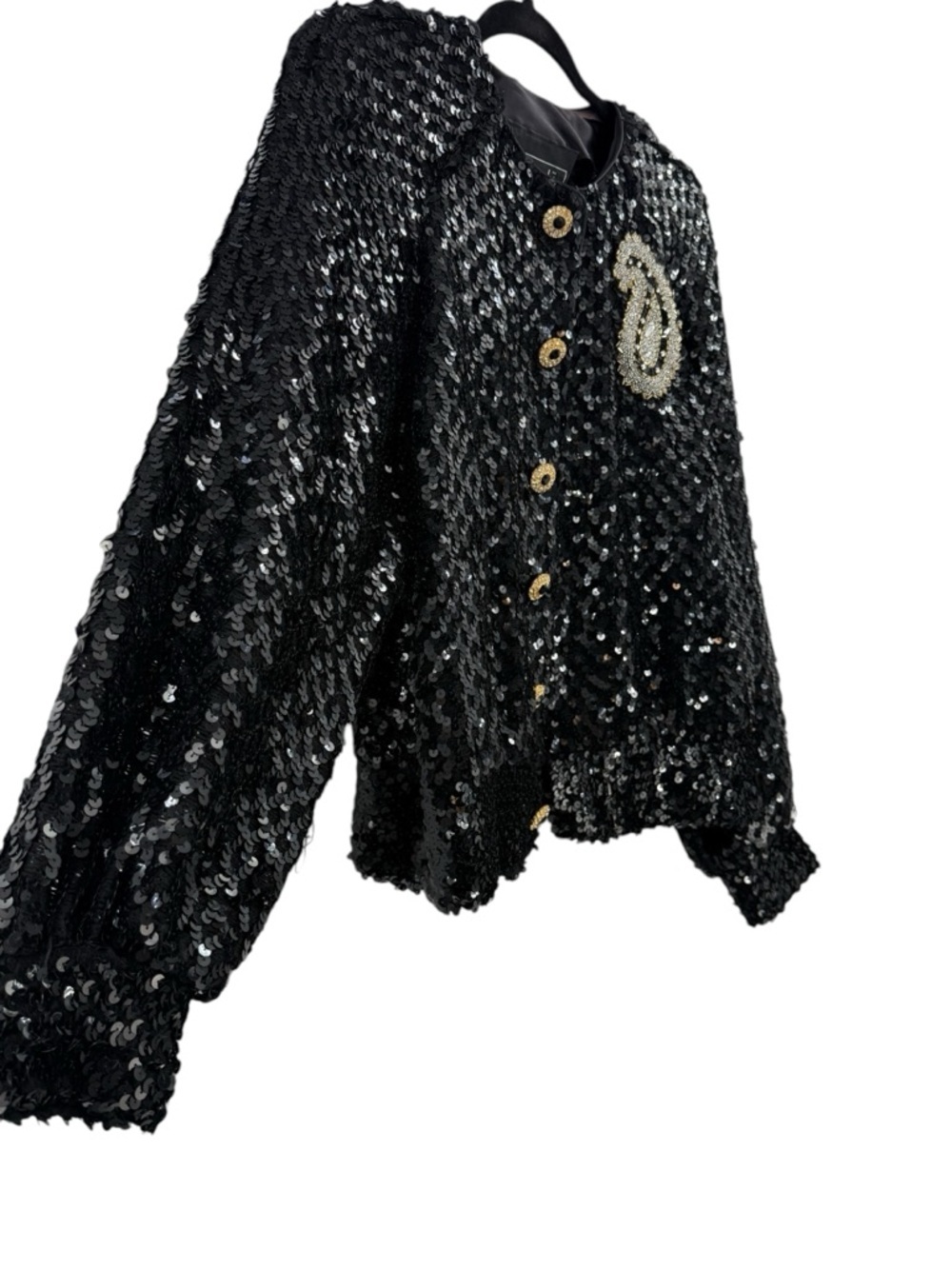 Vintage Julie Duroché Sequin Jacket Black Beaded Paisley Evening Blazer Glam 80s - Picture 4 of 15